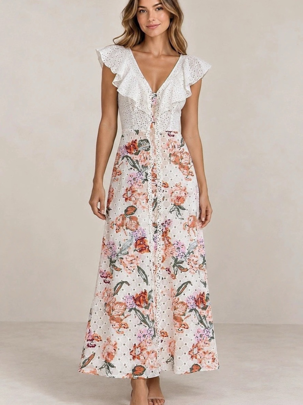 Foxiedox Floral Eyelet Maxi Dress in White & Orange Size XS NWT